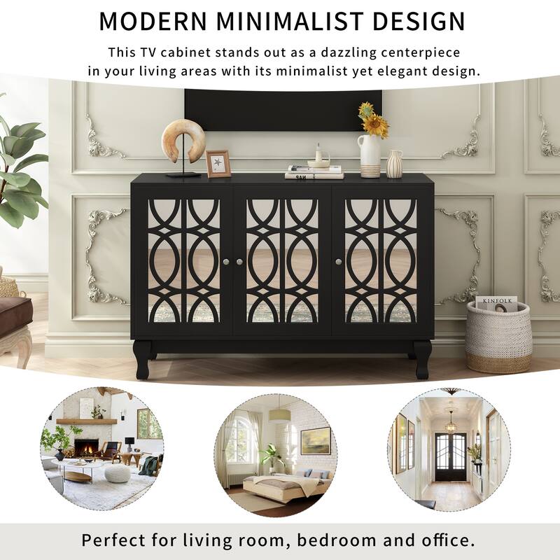 47" Mirrored TV Console for TVs up to 55", Floral Pattern Cabinet with Solid Wood Legs, 3-Door Storage & Adjustable Shelves