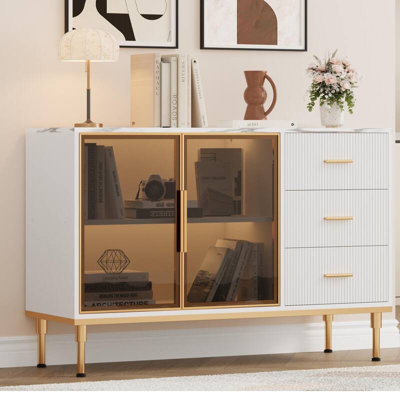 Fluted Sideboards Buffets Cabinet with Glass Doors, 3 Drawers, Marble Top Kitchen Sideboard Cabinet - White