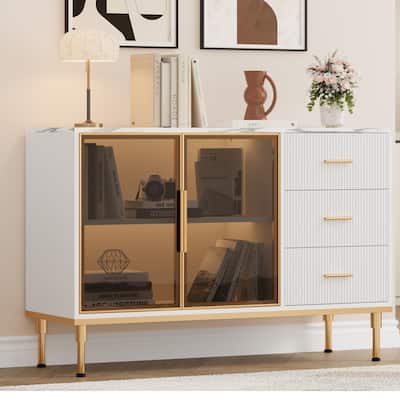 Fluted Sideboards Buffets Cabinet with Glass Doors, 3 Drawers, Marble Top Kitchen Sideboard Cabinet