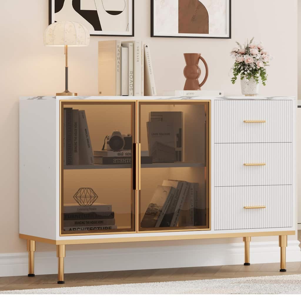 Fluted Sideboards Buffets Cabinet with Glass Doors, 3 Drawers, Marble Top Kitchen Sideboard Cabinet