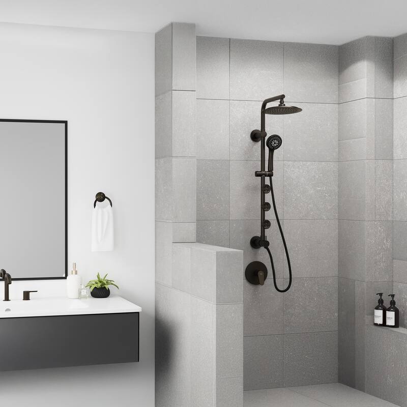 Lanai 8-in Rain Showerhead with 3-Body Jets Pivoting Shower Arm and Multi-function Handshower Oil Rubbed Bronze