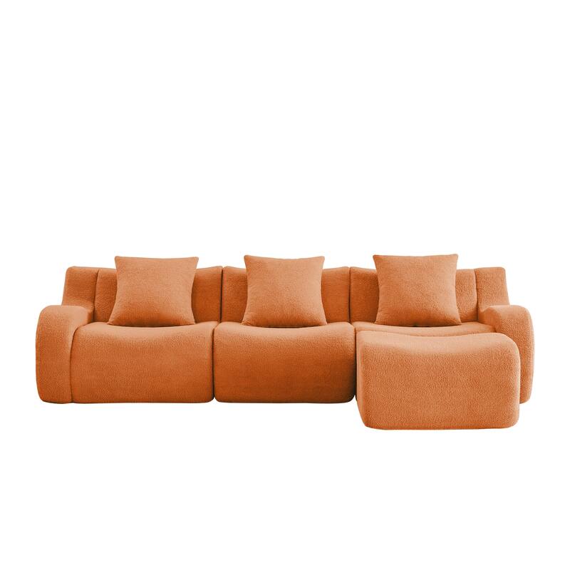115.3" L-Shaped Boneless Sectional Sofa with Ottoman, Curved Armrests, Teddy Fabric Floor Upholstered Sofa for Living Room