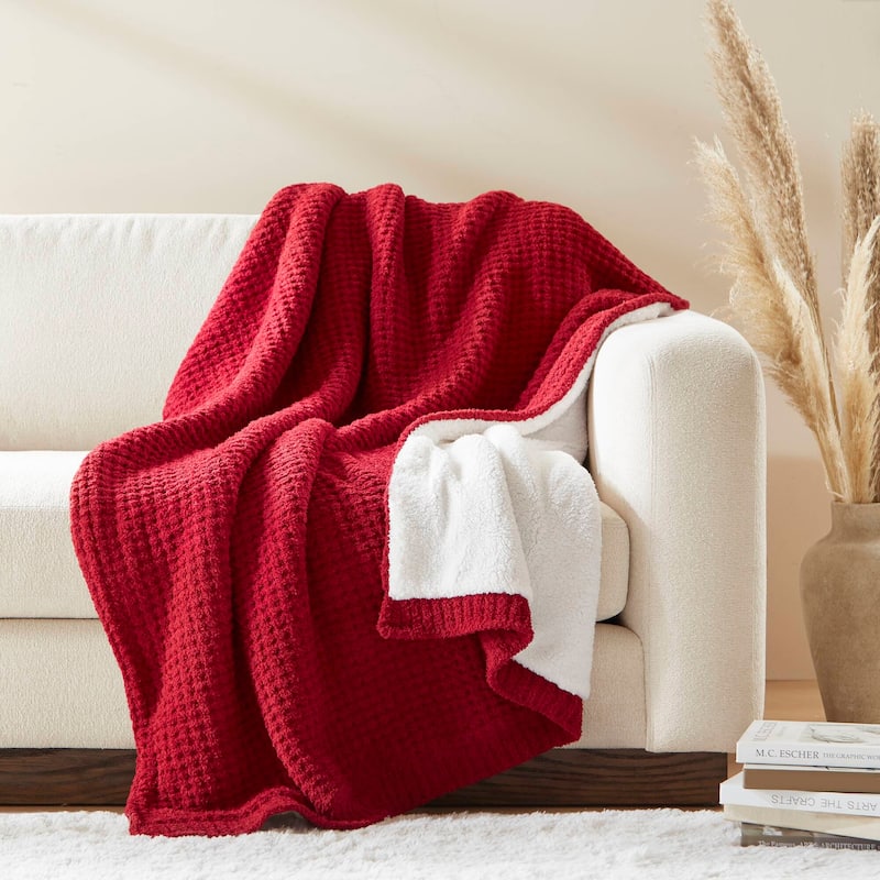 Madison Park Eden Waffle Knit Chenille Throw 50x60" - 50x60" - Red