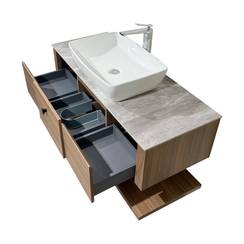 48"Mid Century Modern Wall-Mounted Bathroom Vanities,Single Sink,Brown Wood Texture with Sintered Stone Table top