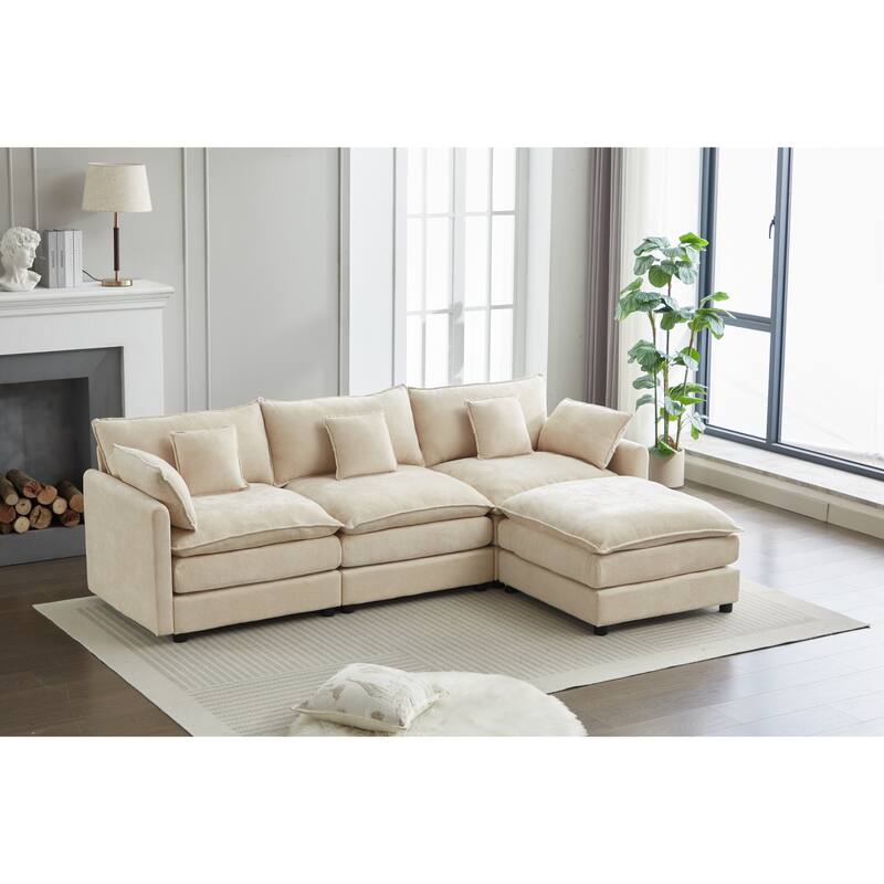 Modular 3-Seater L-Shaped White Chenille Sofa with Ottoman, 99x65x32 inches, 167 lbs