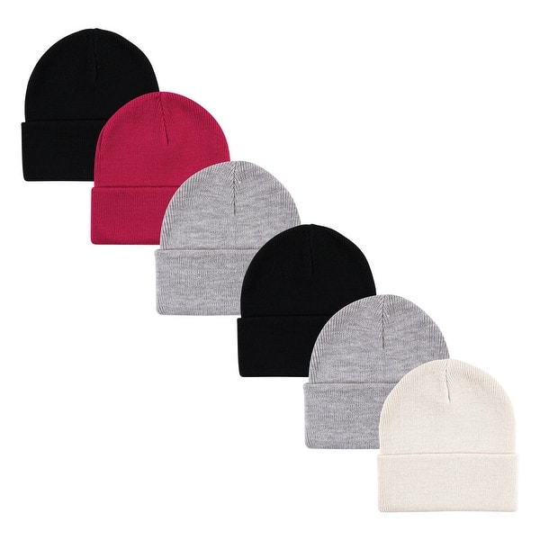 slide 1 of 1, Hudson Baby Infant Girl 6Pc Knit Cuffed Beanies, Dark Pink Cream Black, Infant - Dark Pink Cream Black Dark Pink Cream Black - Infant Toddler