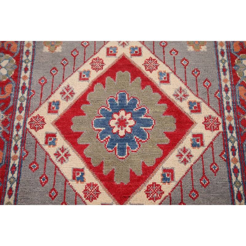 Gray Geometric Kazak Foyer Rug Hand-Knotted Hallway Wool Carpet - 3'3" x 4'4"