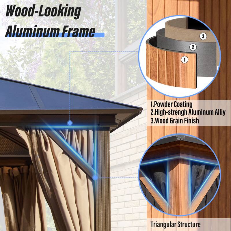 EROMMY Outdoor Wood Gazebo with Double Polycarbonate Roof, Heavy Duty Backyard Patio Pergola Canopy for Garden Shade