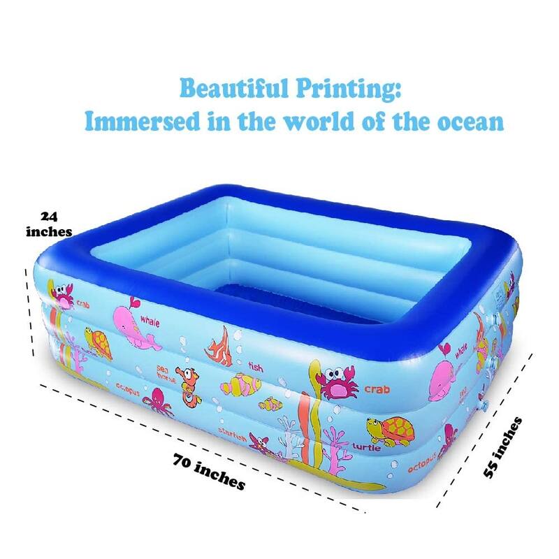 Inflatable Swimming Pool with Inflatable Soft Floor, 70" x 55" x 24" Blow Up Pool for Kids and Adults, Ocean World Kiddie Pool