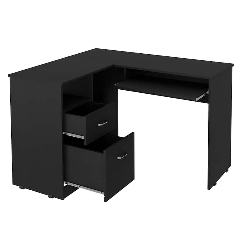 Modern L-Shaped Desk with Retractable Keyboard Tray, Sleek Metal Handles, and Sturdy Particle Board Design for Office Use