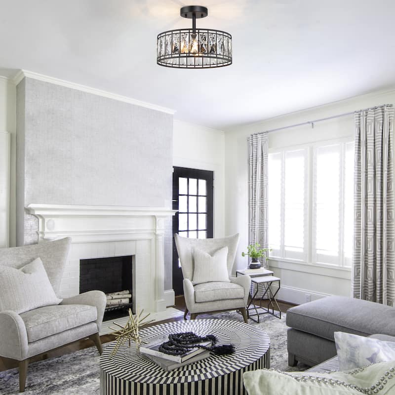 Cirstal 2-Light Modern Black Drum Crystal Chandelier Semi-Flush Mount Ceiling Lights - D12.5"x H 9.5"