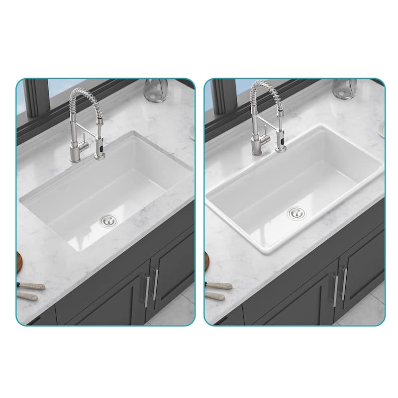 33 Inch Undermount Single Bowl Ceramic Kitchen Sink in White - 33'' x 19'' x 10''