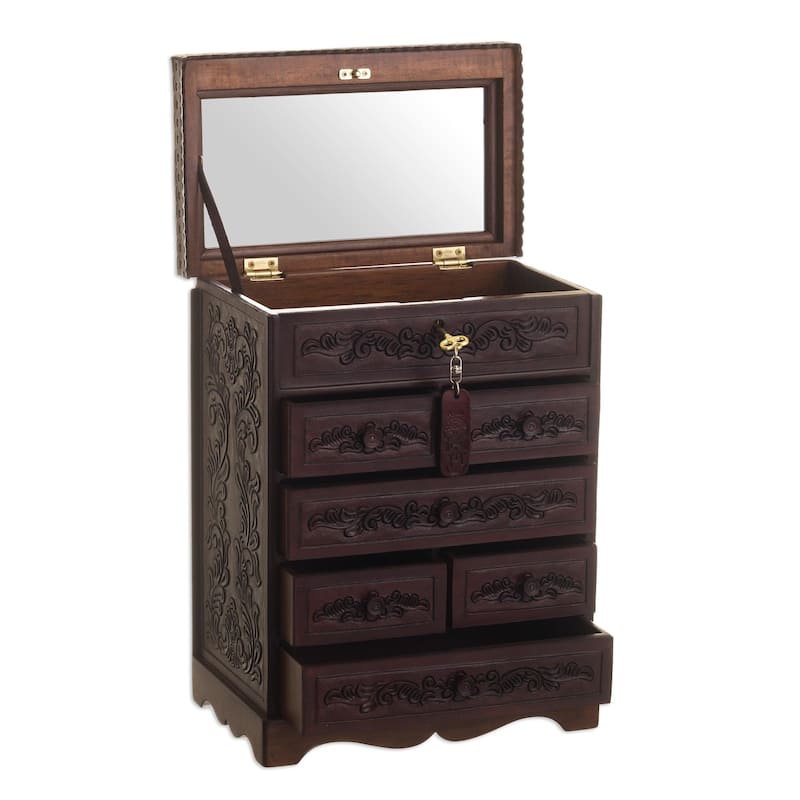 Novica Handmade Colonial Flowers Leather And Wood Jewelry Chest