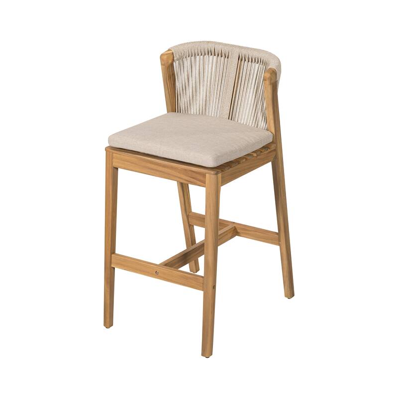 Roomfitters Louie Outdoor Acacia Wood Barstools with Rope Woven Back, Teak Finish and Beige Set of 2