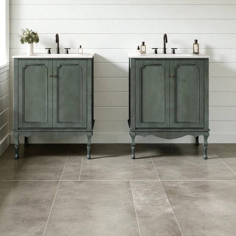 60" Double Sink Bathroom Vanity Set with Ceramic Sinks, Vintage Wood Storage Cabinet with Antique Knobs & Adjustable Shelves