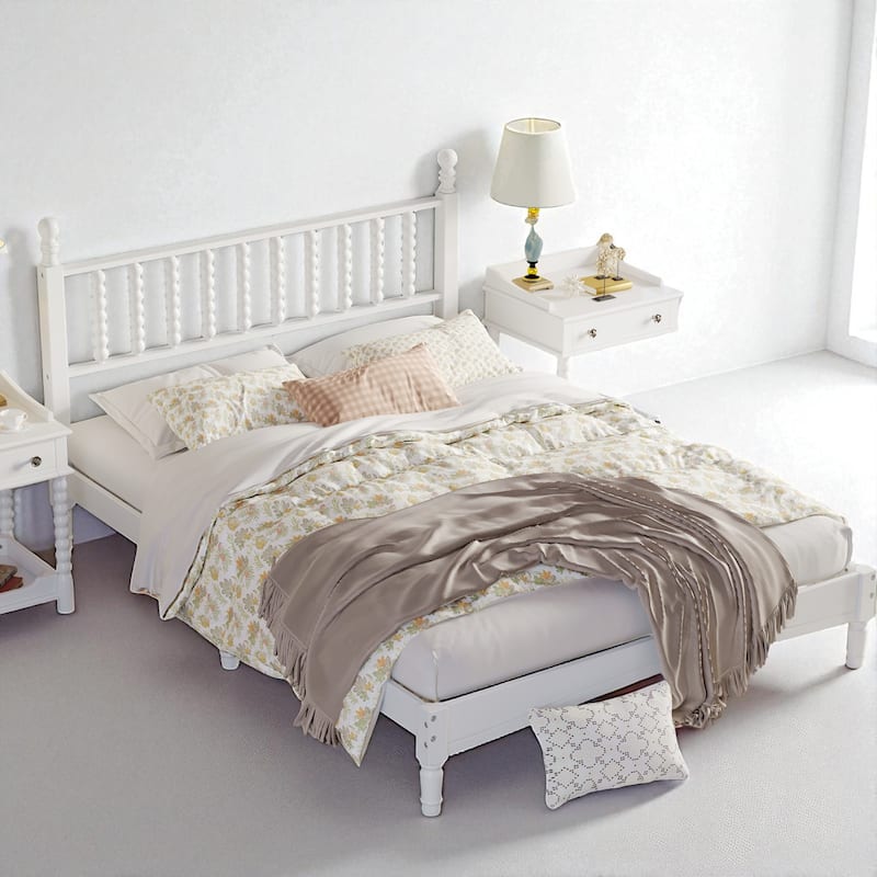 Queen Size Retro Wood Platform Bed with Gourd Shaped Headboard and Wooden Slats
