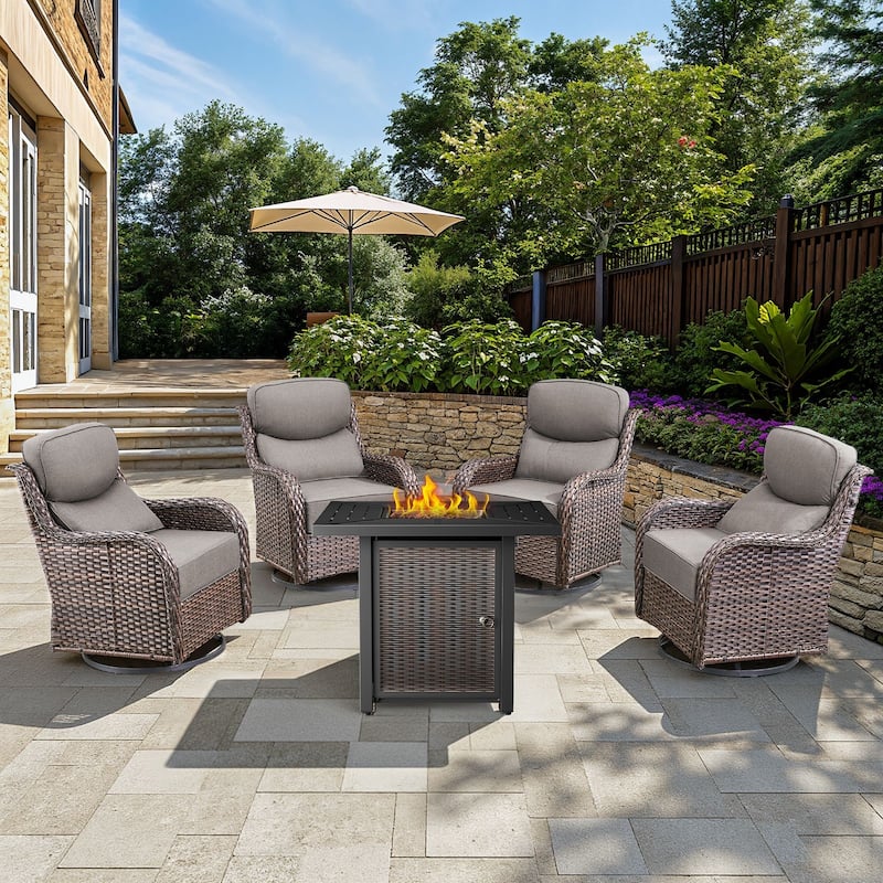Arcadia 5-Piece Wicker Patio Set with 4 Swivel Glider Chairs and Square All-Iron Fire Pit
