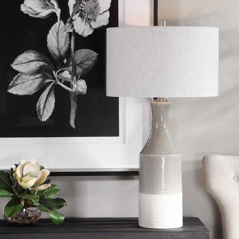 Glossy Ceramic Table Lamp with Drum Shade - 31" - Light Gray and Cream