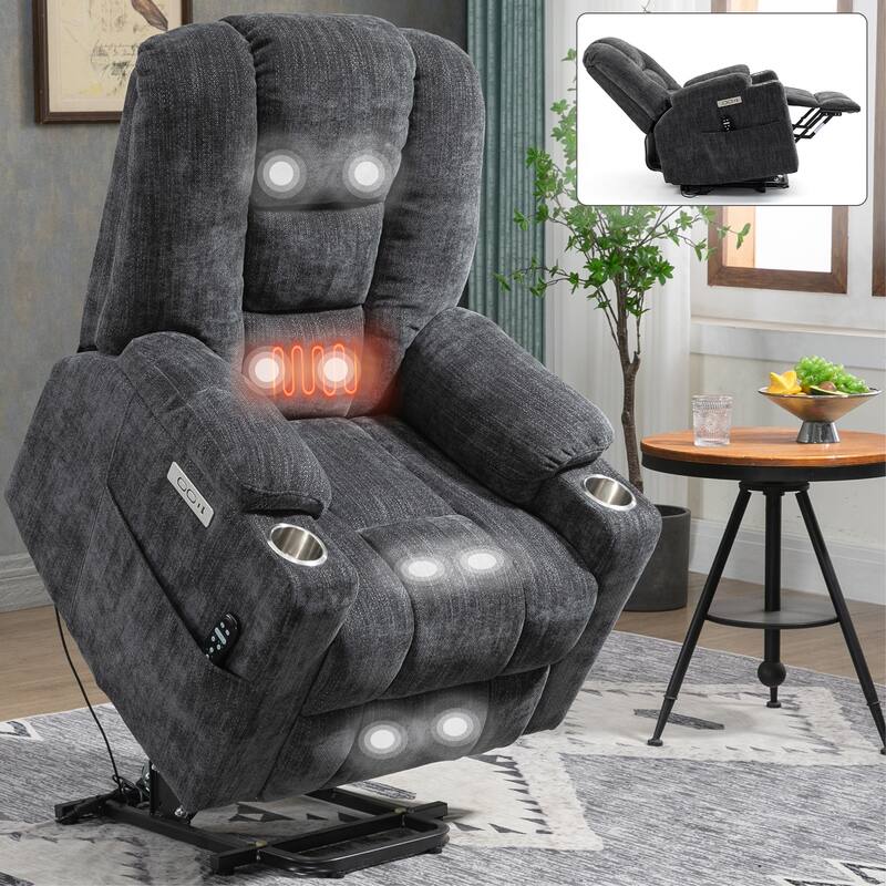Modern Power Lift Recliner Chair Heat Massage Chair Upholstery Single Sofa with Dual USB Ports and Cup Holders