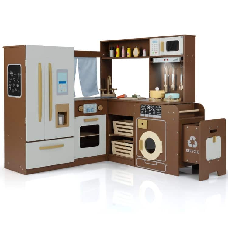 MDF Kids Corner Play Kitchen with Lights, Sounds and Accessories - 40" × 39.5" × 37" - Brown