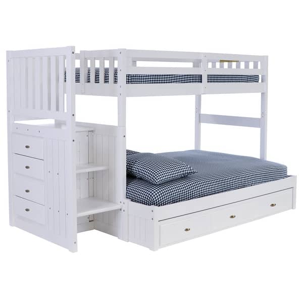 slide 2 of 10, OS Home and Office Furniture Solid Pine Mission Staircase Twin over Full Bunk Bed with Seven Drawers in Casual White
