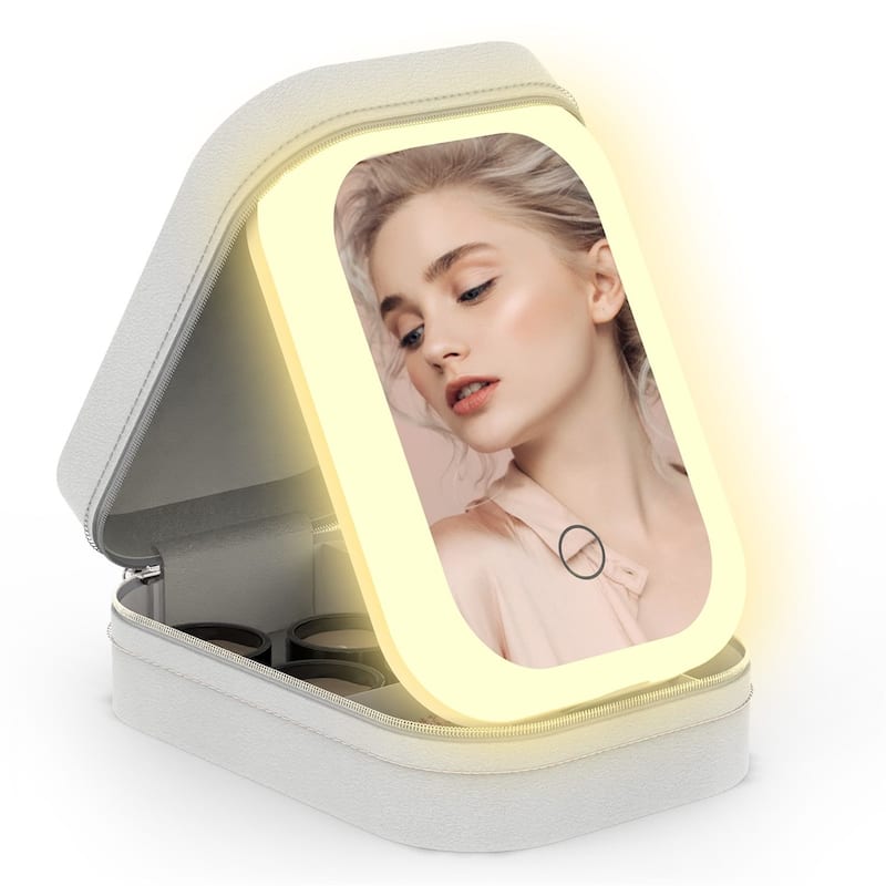 Portable Makeup Case with Rechargeable LED Mirror - White