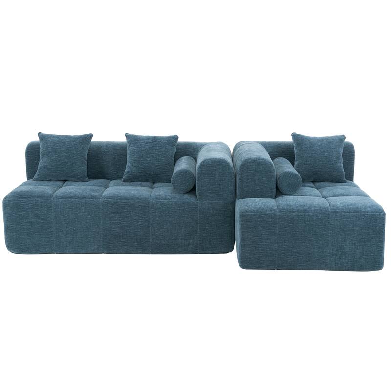 101.2" Blue Chenille Sectional Sofa, Modular, Deep Seating, 2 Side Pockets