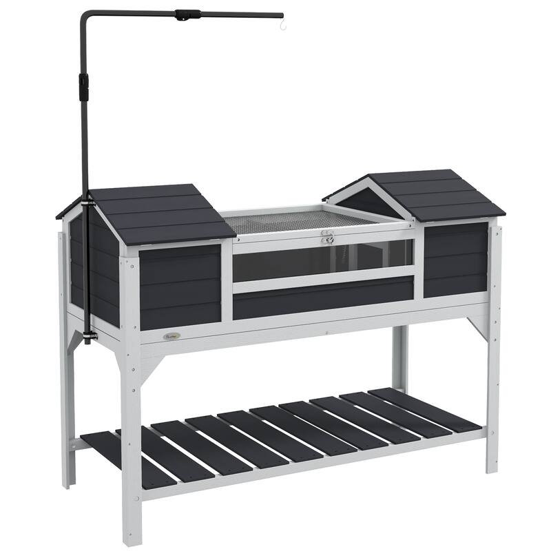 PawHut Tortoise Habitat with Adjustable Lamp Holder, Wooden Tortoise Enclosure with Storage Shelf, Dual Main Houses