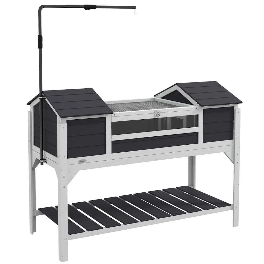 PawHut Tortoise Habitat with Adjustable Lamp Holder, Wooden Tortoise Enclosure with Storage Shelf, Dual Main Houses