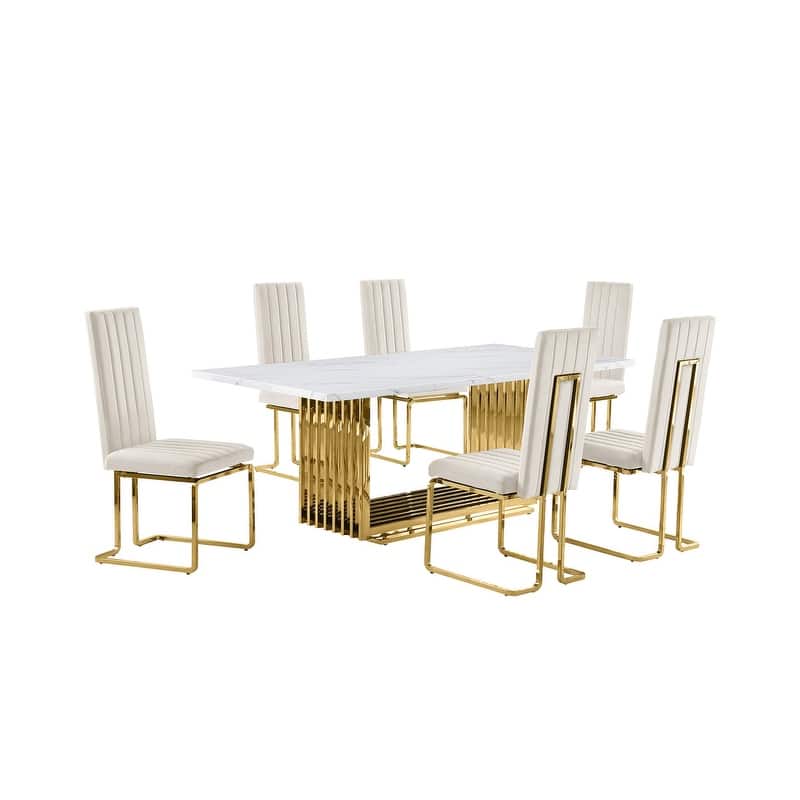 Best Quality Furniture D312/3-SC340-7 Dining Set with 79" White Marble Top