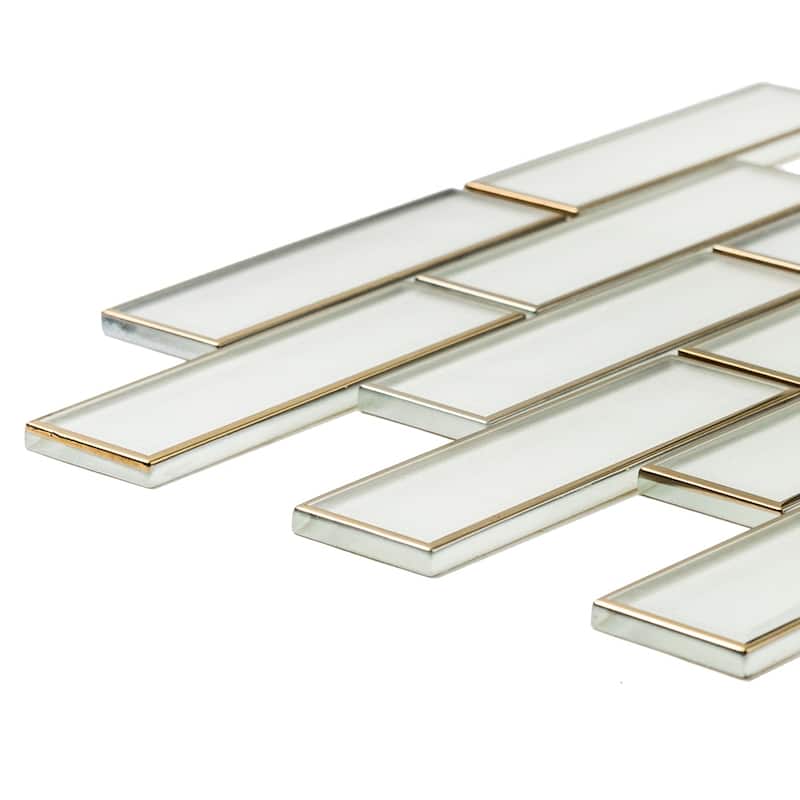 The Tile Life Athena 2x6 White/ Gold Brick Glossy Glass Mosaic Tile for Backsplash & Walls