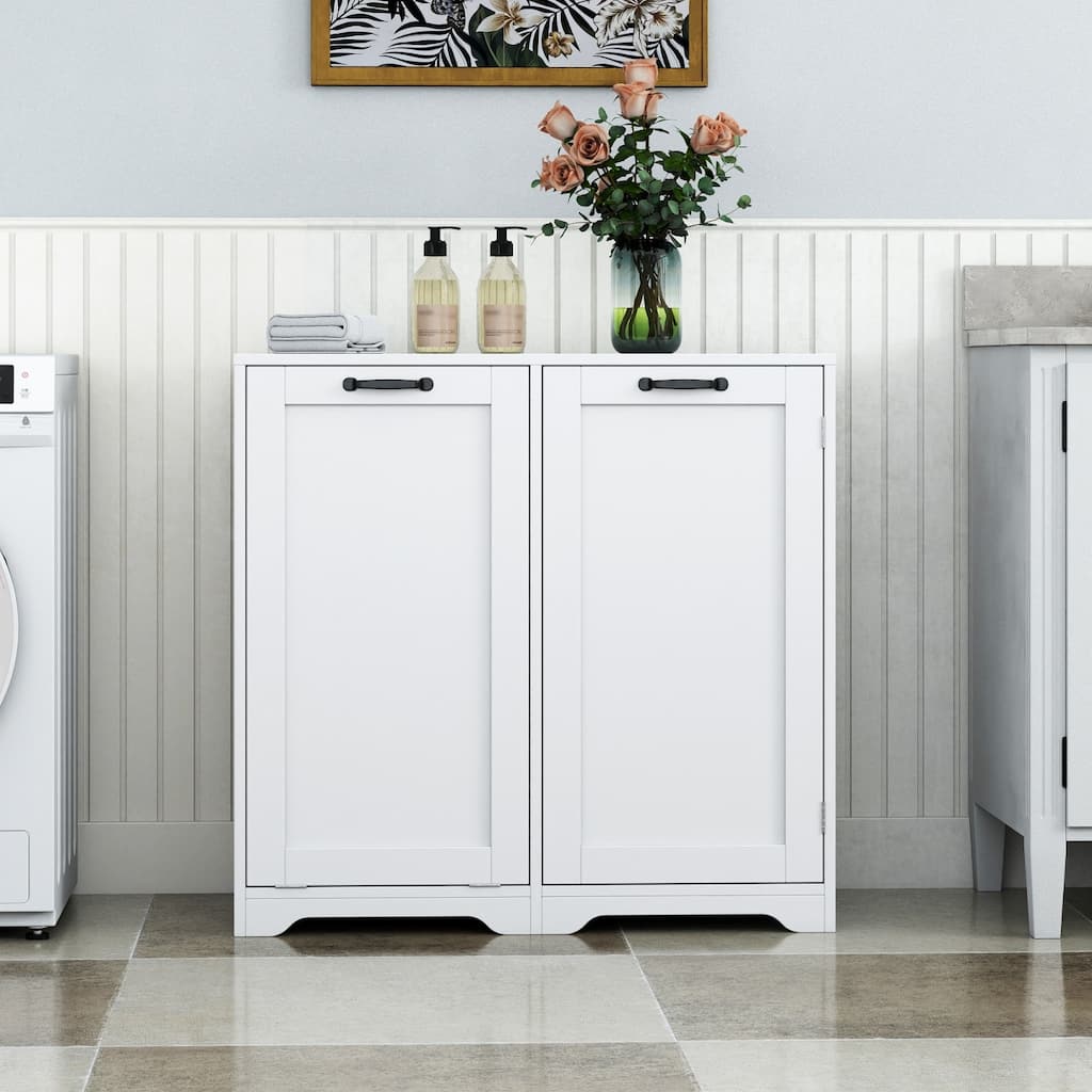 Freestanding Bathroom Laundry Cabinet with Adjustable Shelf & Tilt-Out Laundry Hamper