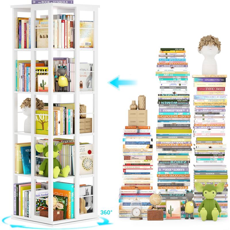 5-Tier Corner Rotating Bookshelf, 360 Display Wood Spinning Bookshelf, Floor Standing Bookcase Organizer Storage Rack