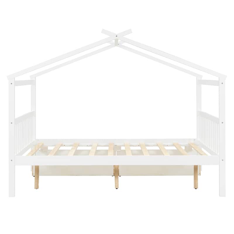 Creativity House Bed Full Size Frame with 2 Wood Drawers for Boys Girls, Wood Platform Bed with Roof No Box Spring Needed