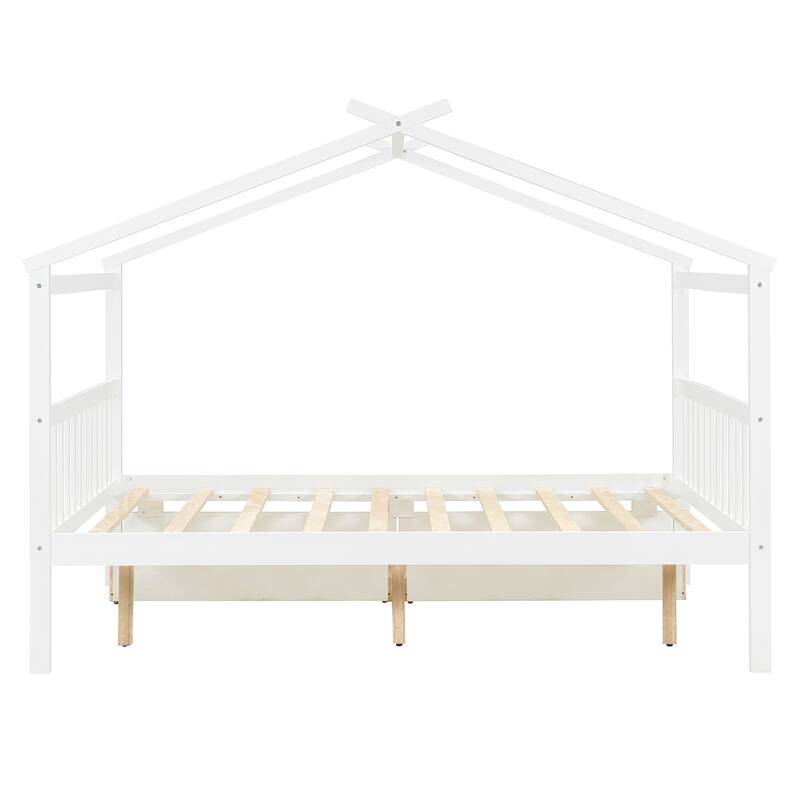 Full Size Wooden House Bed with Drawers, White