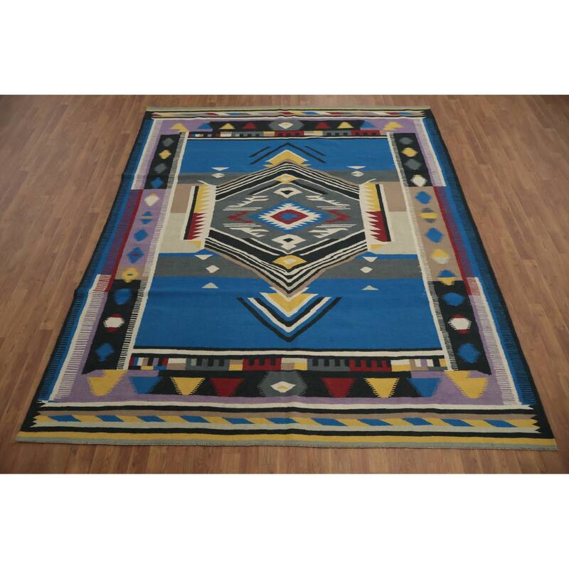 Hand Woven Oriental 100% Wool Carpet Southwestern Tribal Navy Blue & Blues Kilim Area Rug - 10' 1'' X 8' 2''