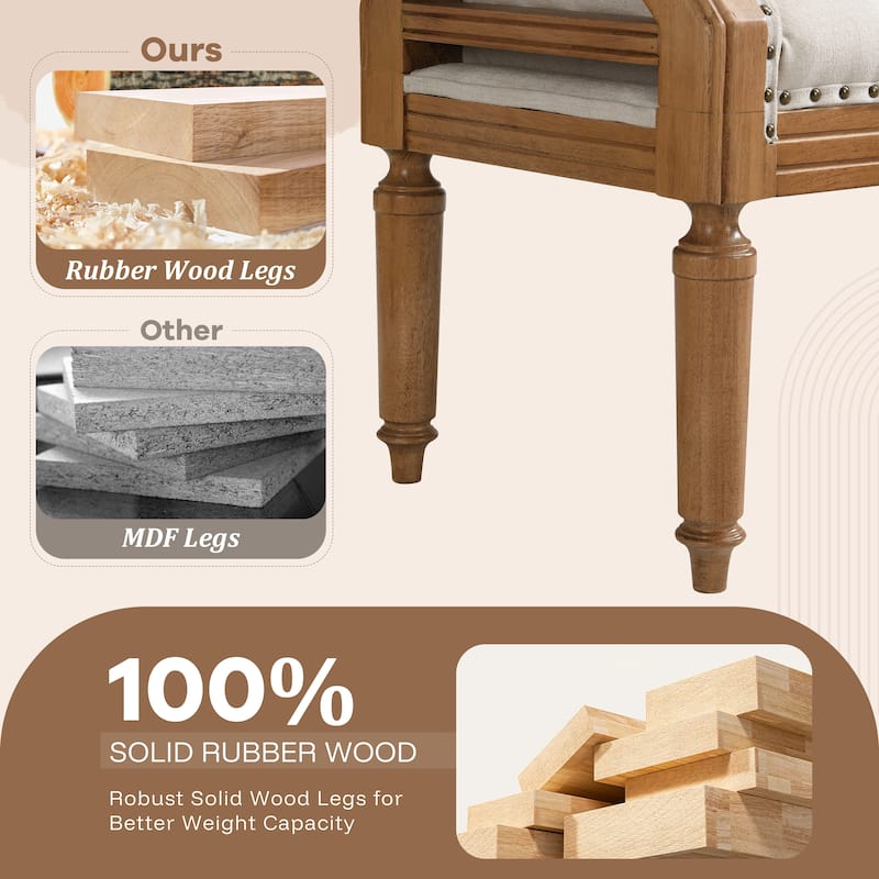 Christopher Knight Home - Mid-Century Solid Rubberwood Upholstered Bench with Rolled Arms, Button-Tufted Cushion & Nailhead Trim