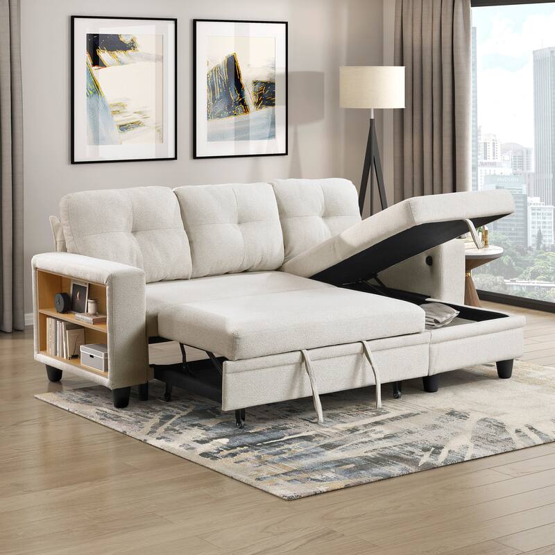 Hazel Boucle Sectional Sofa - Reversible Chaise, Pull-out Bed, Shelves