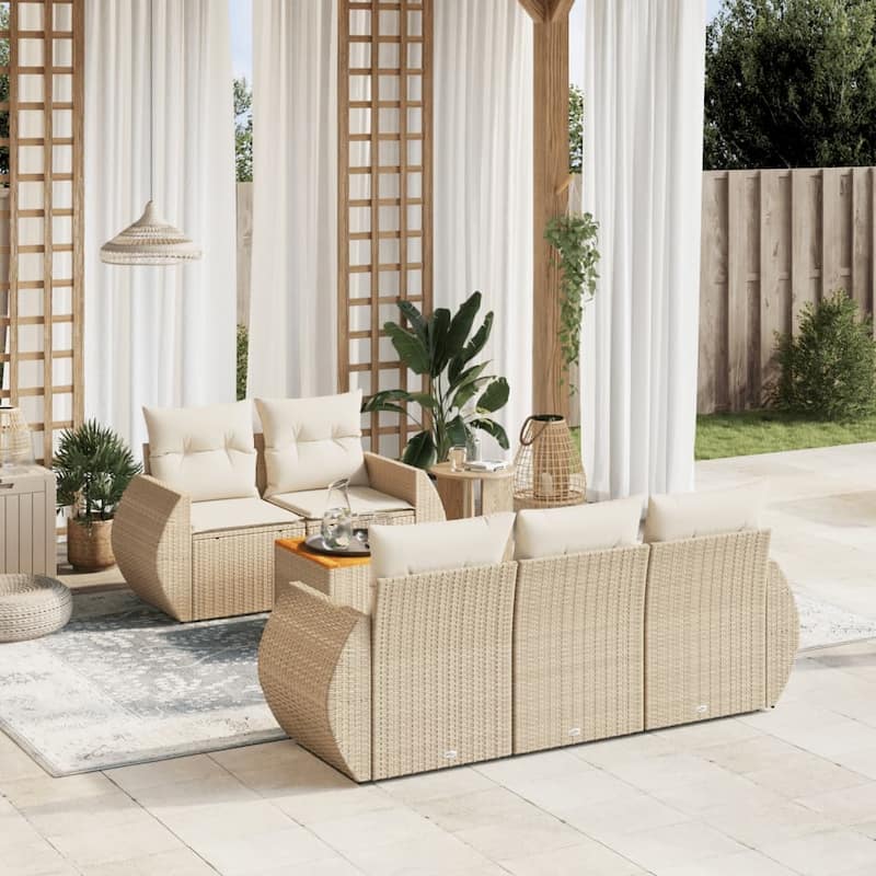 vidaXL Patio Sofa Set with Cushions Outdoor Furniture 6 Piece Poly Rattan - 24.4 x 27.6 x 27.2 - Beige and Cream