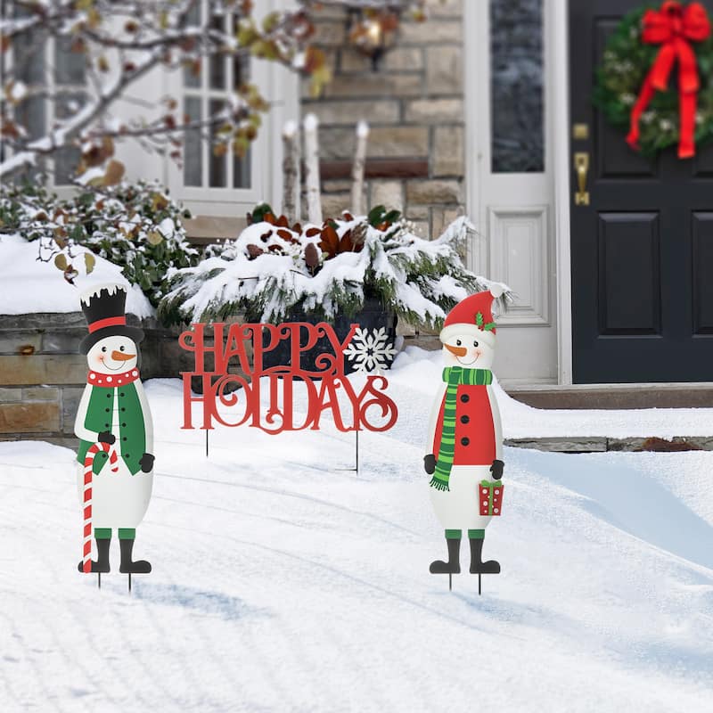 Glitzhome Metal Nutcracker with MERRY CHRISTMAS or Snowman with HAPPY HOLIDAYS Yard Stakes Wall Decor(Set of 3 ) - Snowman