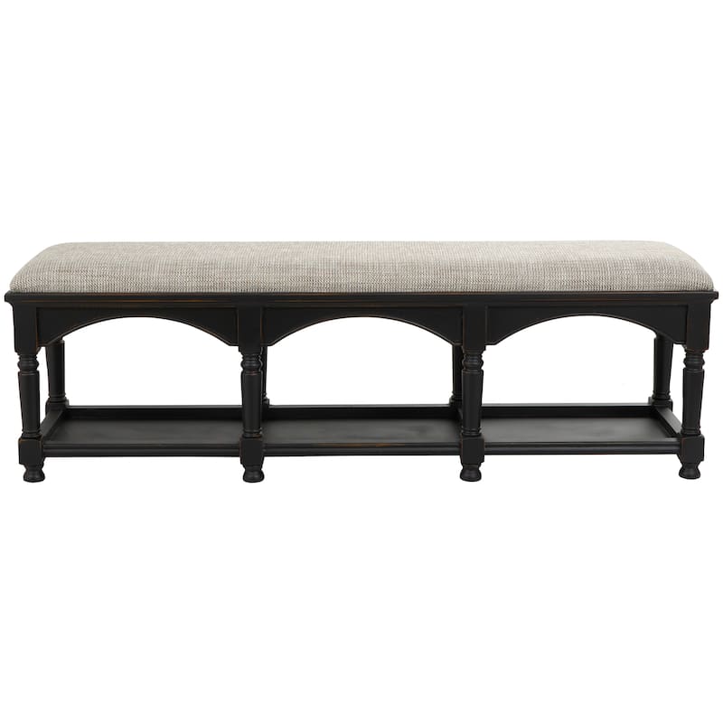 Black Fabric Arched Storage Bench with Traditional Turned Legs and Beige Cushion