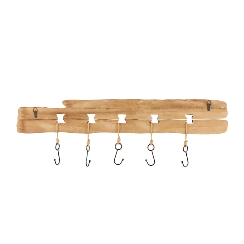 Wood Handmade Whitewashed Live Edge Wall Hook with 5 Hanger Fish Hooks - Brown - Roche River Decor - 1"W x 39"L x 13"H