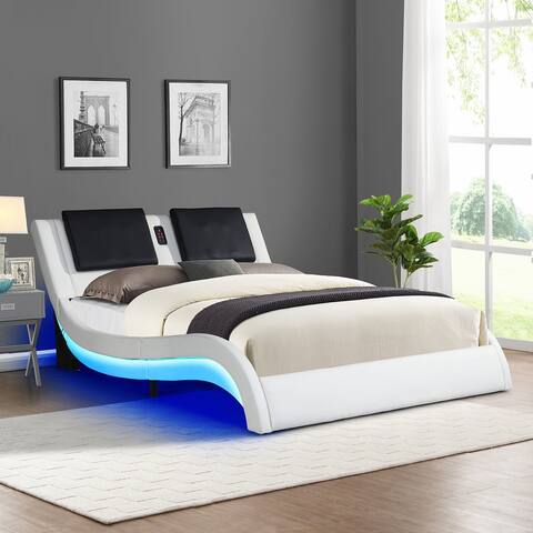 King Size Faux Leather Upholstered Platform Bed with led, Music Bluetooth and Backrest Massage