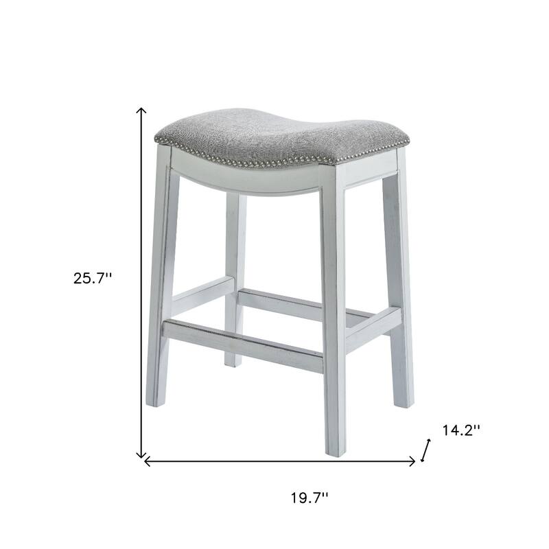 Linen Saddle Seat Bar Stool with Nail Head Trim and Footrest