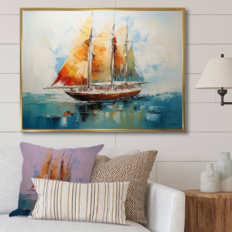 Designart "Moonlight Saiboat Horizon I" Boat Sailing Orange Wall Decor - Modern Entryway Framed Wall Art - 20 in. wide x 12 in. high - Gold