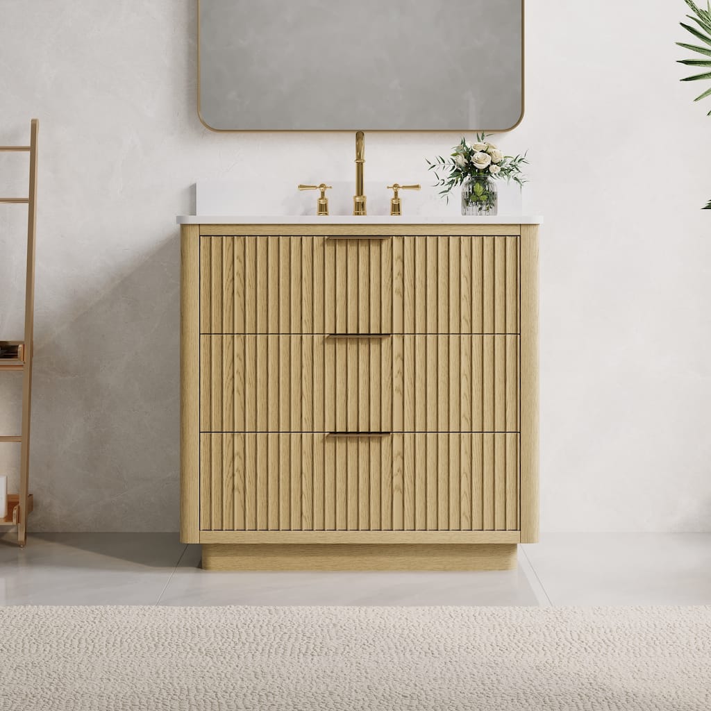 35''H Solid Wood Bathroom Vanity With Stain-resistant Carrera White Quartz Top and Sink