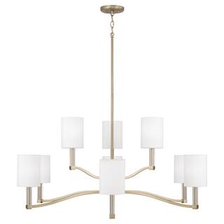 32" W x 9.25" H 9-Light Two-Tier Chandelier in Matte Brass with Clear Acrylic Accents and Cylindrical White Fabric Shades