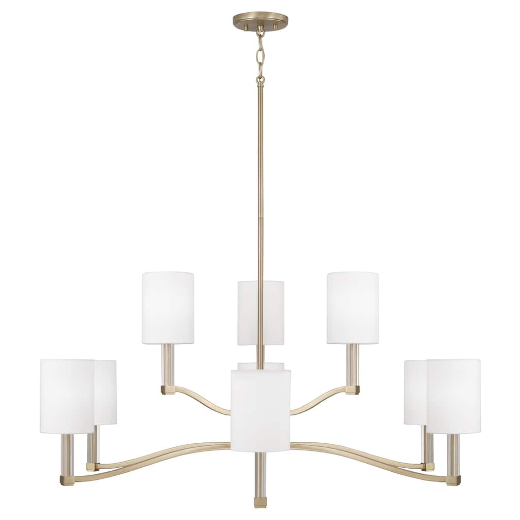 32" W x 9.25" H 9-Light Two-Tier Chandelier in Matte Brass with Clear Acrylic Accents and Cylindrical White Fabric Shades