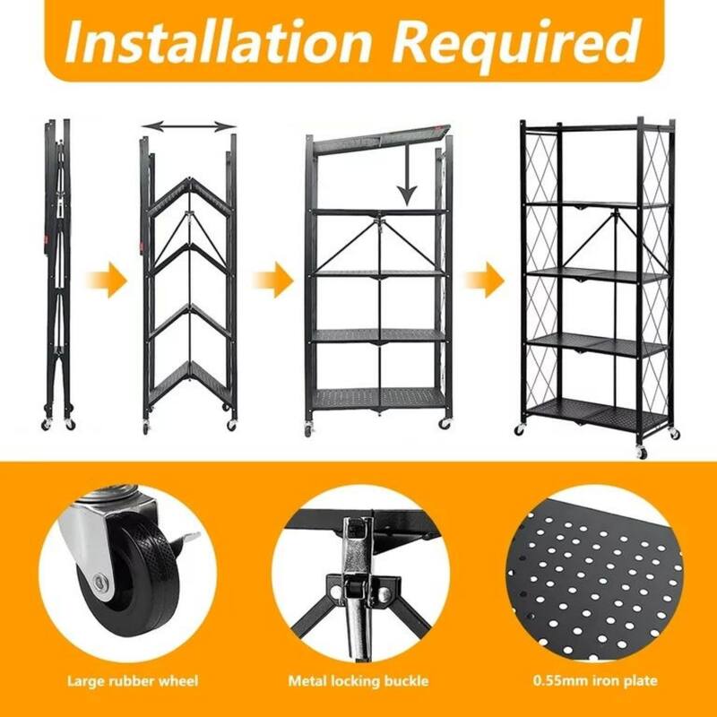 5-Tier Foldable Storage Shelving Unit, Heavy Duty Metal Kitchen Shelf with 3 Hooks