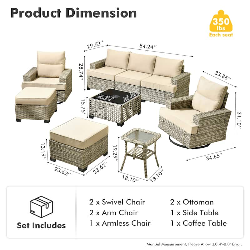 OVIOS 9 Pieces Wide Arm T shaped Seat Curved Swivel Chair Set With Solar-Powered Table